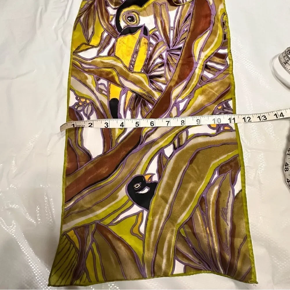 Vtg 80s Anne Klein for Vera Neumann Silk Tropical Birds Rectangular neck Scarf